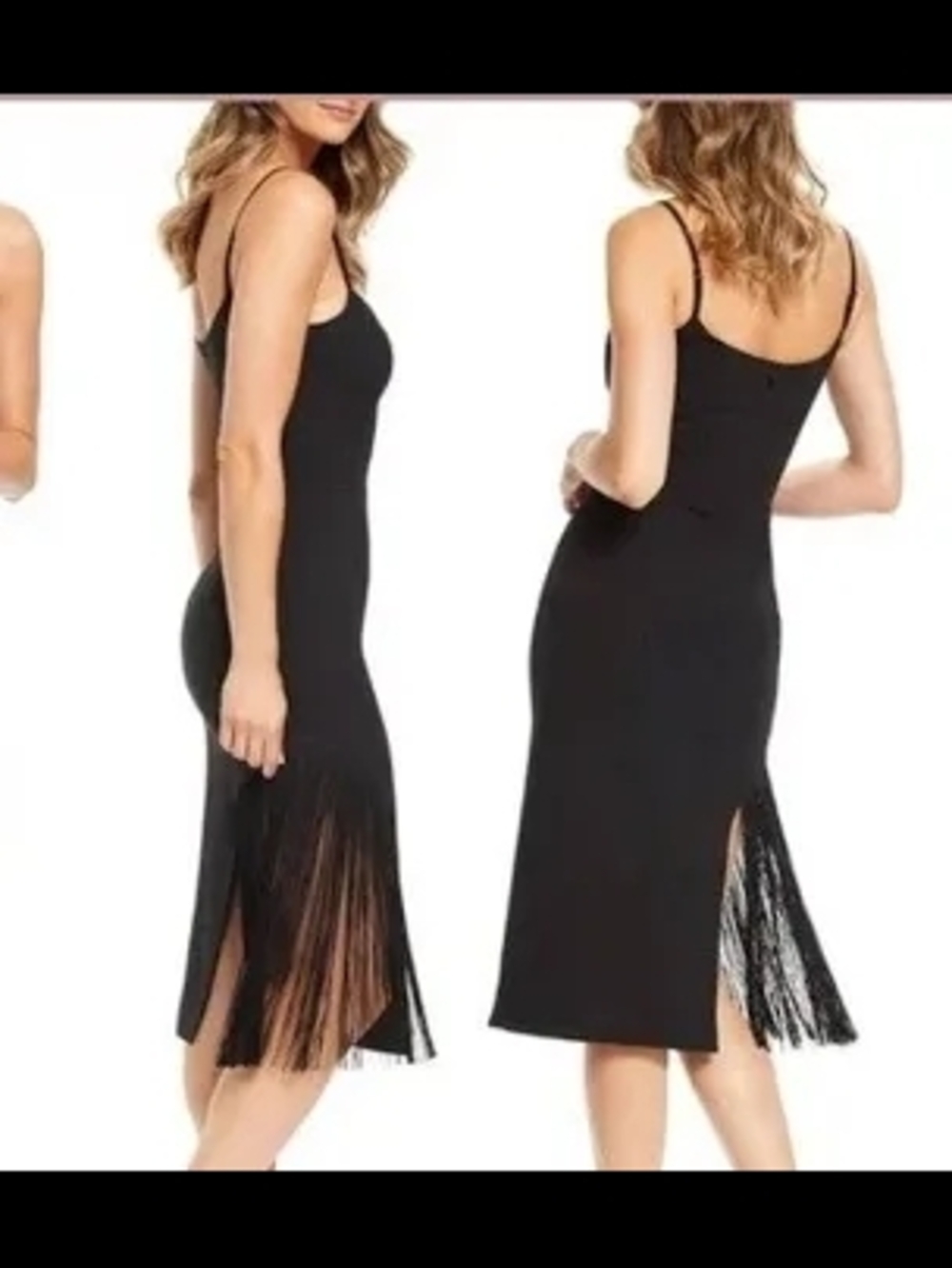 Dress the Population Black Spaghetti-Strap Midi Dress with Fringe